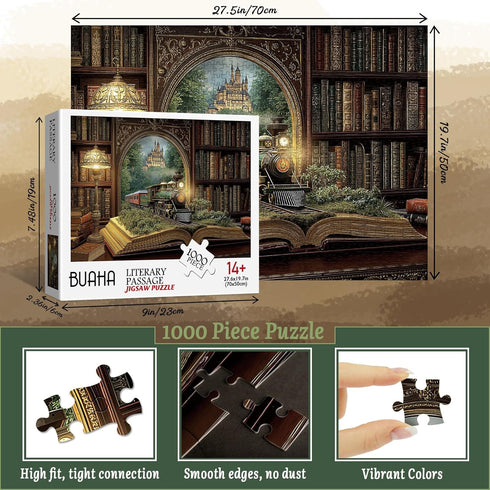 BUAHA 1000 Magic Books Train Puzzles for Adults Pieces Nature Pretty Library Art Fantasy Bookshelf Landscape Jigsaw