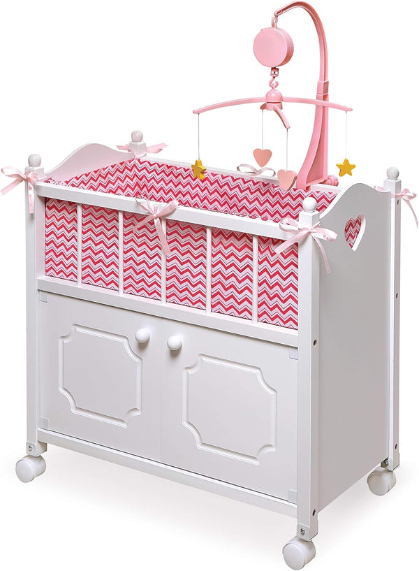 Toy Doll Bed with Storage Cabinet by Badger Basket, Chevron Bedding for 22 inch Dolls