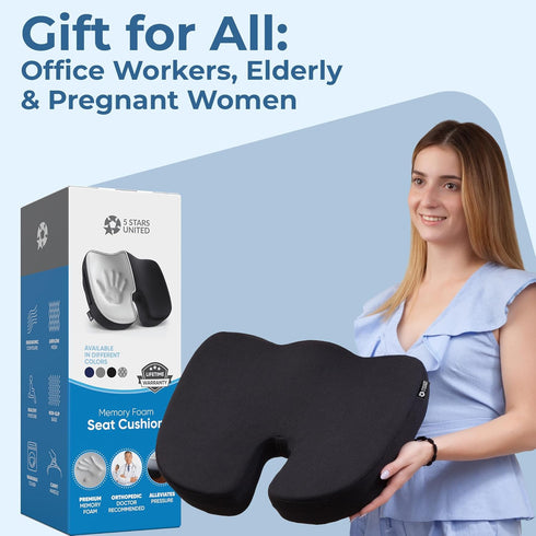 5 Tailbone STARS UNITED Seat Cushion - Memory Foam Chair Cushion for Pain Relief - Ergonomic Support for Coccyx