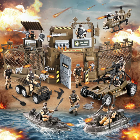 JASSKKBO 86-In-1 4-7 6-8 8-12, Army Men Toys for Boys Military Base/Truck/Kayak Boat/Motorcycle/Helicopter/Army Men