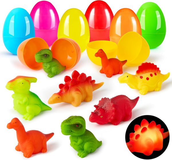 JOYIN 6 Pcs Prefilled Easter Eggs with Floating Dinosaur Light-up Bath Toys,