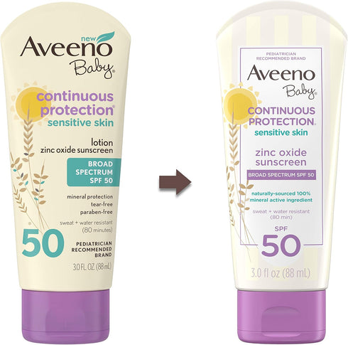 Aveeno Baby SPF 50 Continuous Protection Zinc Oxide Mineral Sunscreen Lotion, 3 fl. Oz, Travel-Size