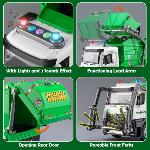 TAKGUD 12" Set 4 Garbage Truck Toys for Boys, Big Trash Truck with Lights and Sounds, Friction Powered Waste Management
