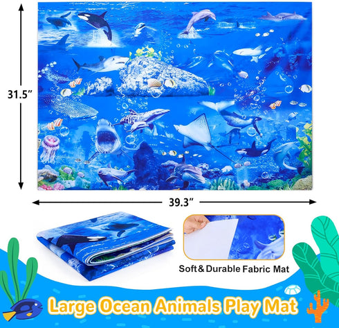 18 Pack 3-8 GINMIC Kids Ocean Animals Toys with Large Play Mat , Assorted Realistic Sea Animal Toys with Carrier Bag