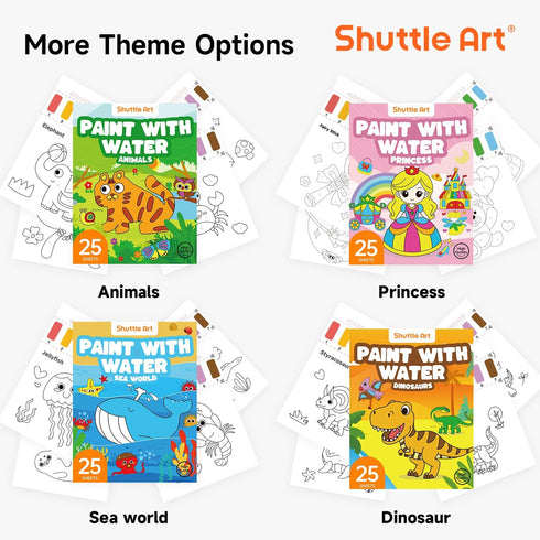 25 2 Set, Shuttle Art Paint with Water Coloring Book for Kids, Princess Themed Pages with Brushes, Mess-Free Watercolor