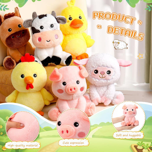 RoundFunny 6 7 Inch Pcs Farm Animals Toys Horse Sheep Cow Duck Chick Pig Large Stuffed Animals Bulk for Woodland Baby