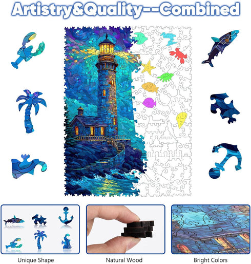 Leodozzio 200 5mm 8.8 11.7 Inch Wooden Puzzles for Adults, Lighthouse Wood Jigsaw Puzzle Pieces, Thick Unique Shaped