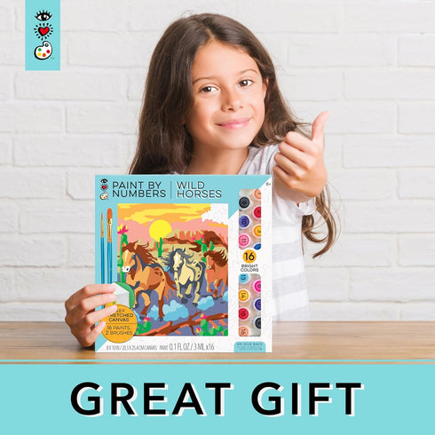Bright Stripes Paint by Numbers Kit for Kids - Easy Follow Canvas with Frame, Wild Horses Paint Kit