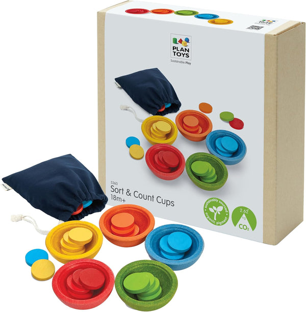 PlanToys Wooden Sort & Count Cups Montessori Math Toy | Color Sorting