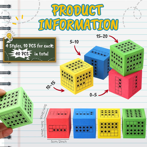 Hanaive 20 Pcs Ten Frame Dice, Large Foam Dice for Classroom Math Manipulatives, Educational Counting Toys