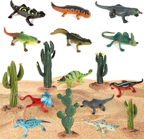 Lizard Toys Figures - 17 Pcs Desert Reptiles Figurines Model Trees Kit, Desert Diorama Supplies for Kids Gift