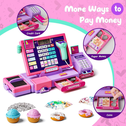 Upgraded Kids Cash Register Toy for Boys Girls, Toddler Pretend Play Cashier Register with Shop Accessories, Calculator