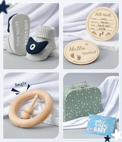9pcs Set 0-6 Golray Baby Boy Gifts for Baby Shower, Newborn Essential with Fox Lovey/Blanket/Onesie/Wooden