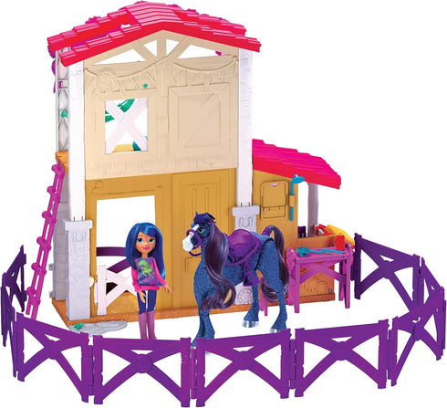 Winner's Stable Camp Clover Barn Playset by Just Play, 33-Pieces, Extending Barn with Horse Figure and Doll, Ages 3 Up