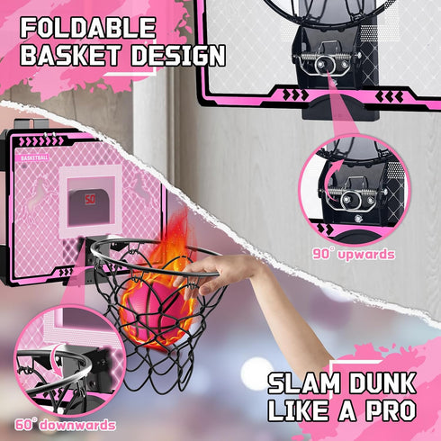 Mini Over The Door Basketball Hoop for Kids - Unicorn Pink with Electronic Scoreboard, 3 Balls, Birthday Gifts for Ages