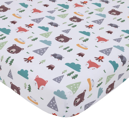 NoJo Retro Happy Camper Fitted Nursery Crib Sheet, Green, Aqua, Orange & White