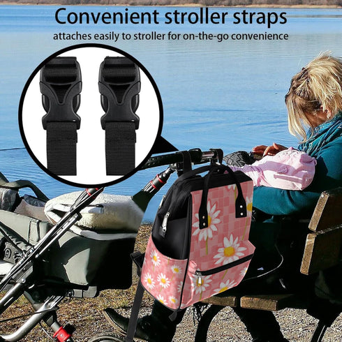 Hsnar Backpack Watercolor Checkered Daisy Waterproof Diaper Bag Large Capacity Baby Bag with Stroller Straps