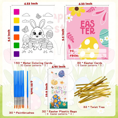 Rotu 30 Packs(274Pcs) Easter Basket Stuffers Essentials Mess Free Watercolor Coloring Books with Easter Cards for Kids