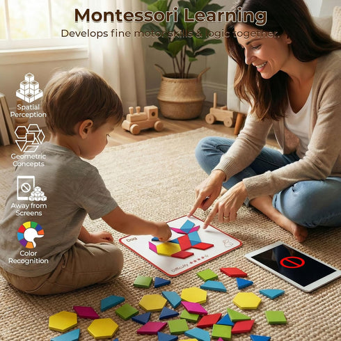 3 150 otters Wooden Pattern Blocks Shapes for Kids, Geometric Tangram Puzzle with Activity Cards, PCS Educational Toy