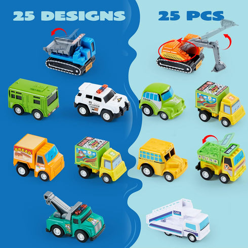 JOYIN 25 Pieces Pull Back Cars and Trucks Toy Vehicles Set, Die-Cast Car Set for Toddlers, Kids Party Favors