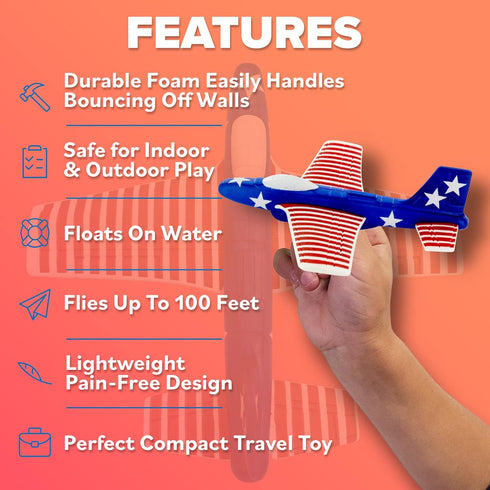 Airplane Toys for Kids: Stars & Stripes Foam Glider Plane Toy For Boys & Girls - USA Flag Design Gifts for Boys