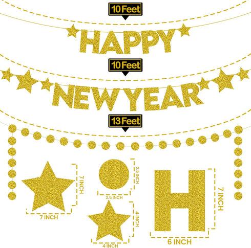 KatchOn Gold Happy New Year Banner - Pre-Strung 10 Feet Banner, 13 Feet Garland for 2025 Party Supplies