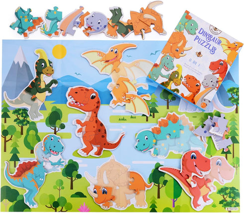 BEESTECH Beginner Dinosaur Puzzles, 8 Pack Educational Jigsaw Puzzles for 2-4 Year Old Toddlers with Dinosaur World Map