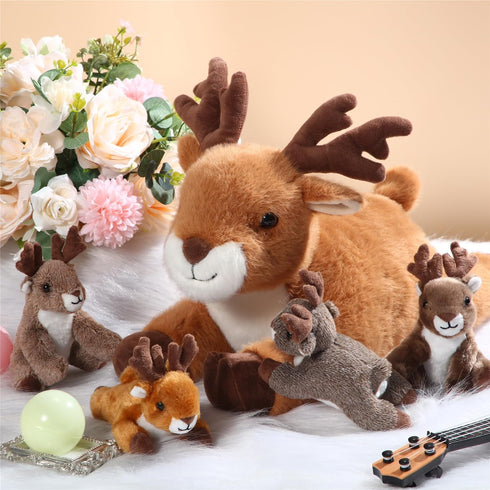 Poen Set 16 Inch Mommy 4 Tummy Plush Deer Stuffed Animal Cuddly Deer Plush with Cute Little Plushes in Her Zippered