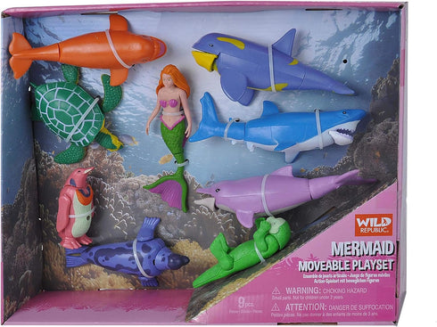 Wild Republic Mermaid Moveable Action Playset, 9-Pieces Aquatic Animals for Kids Gifts