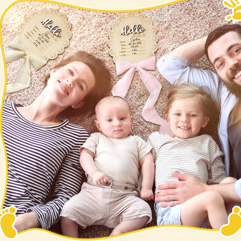 Threehoney 7 Inch Baby Announcement Sign Double Sided Wooden Hello World Newborn Engraved Sign with Organza Bag Marker