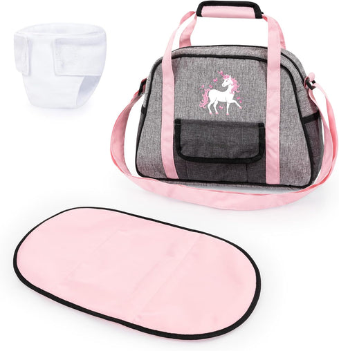 Bayer Design: Nursery Set - Doll Bag Set in Grey, Pink, Unicorn with Changing Mat & Diaper, Adjustable Shoulder Strap
