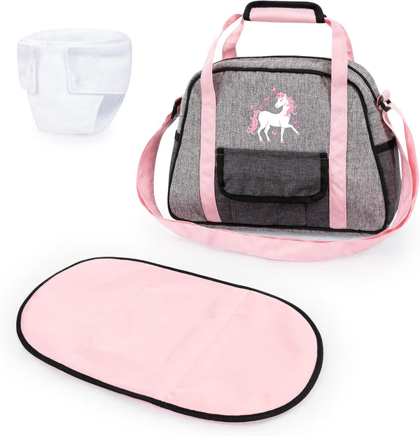 Bayer Design: Nursery Set - Doll Bag Set in Grey, Pink, Unicorn with Changing Mat & Diaper, Adjustable Shoulder Strap