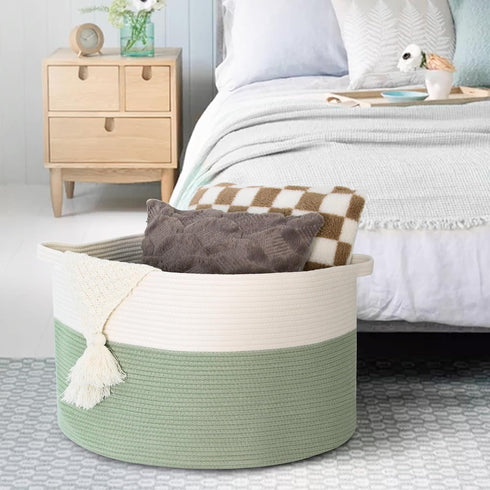 Extra Large Green Storage Baskets, 22" X 22" X 14", Soft Cotton Rope Woven Basket for Kids Toy Organizer