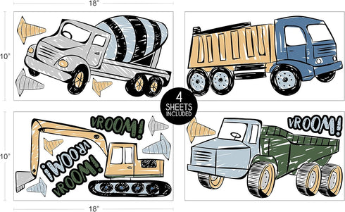 Set 4 Sweet Jojo Designs Construction Truck Large Peel and Stick Wall Decal Stickers Art Nursery Decor - of Sheets