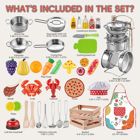 Set, Playset 2 Play Kitchen Accessories, Large Stainless Steel Toddler Cooking Kids Kitchen with Cutting Play Food