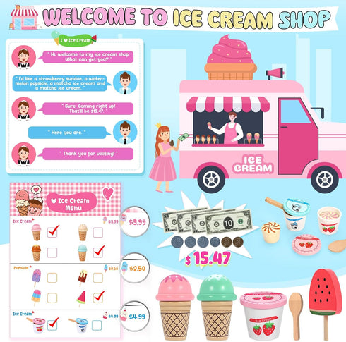 Set, Playset 3 4 5 6 7 8+ INNOCHEER Ice Cream Toy, Wooden Ice Cream Play Pretend Play Kitchen Toys, Ice Cream Toys