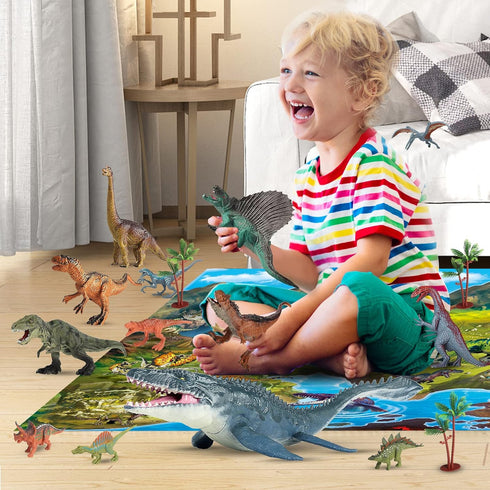 3-5 5-7 45 Oriate Dinosaur Toys w/Large Play Mat, Realistic Mosasaurus Figures Plastic Toys for Kids Including T-Rex