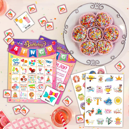 Birthday Bingo Game for Kids, 24 Players, Happy Birthday Bingo Cards with 40Pcs Reward Stickers, Classroom Activities