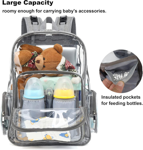 Yusudan Backpack Clear Diaper Bag for Baby Girls Boys, Mom Nappy Bags for Women (Grey)