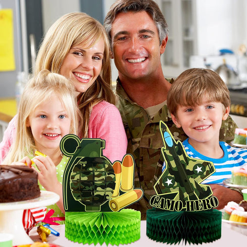 6 Pcs Army Camo Party Decorations - Military Themed Honeycomb Centerpieces for Birthday Baby Shower Table Decor