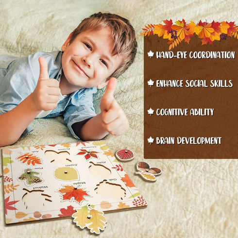 Leaf Wooden Jigsaw Puzzles with Knobs, Educational Learning Stem Toys, Thanksgiving Montessori Puzzle for Preschool