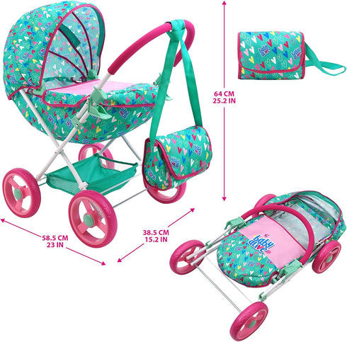Baby Alive: Deluxe Classic Doll Pram - Green, Pink, Hearts, Accessory for Dolls Up to 18", Kids Toy