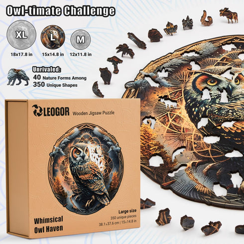LEOGOR Wooden Puzzle for Adults - Whimsical Owl Haven - 350 Piece Large Nature Inspired Round Mandala
