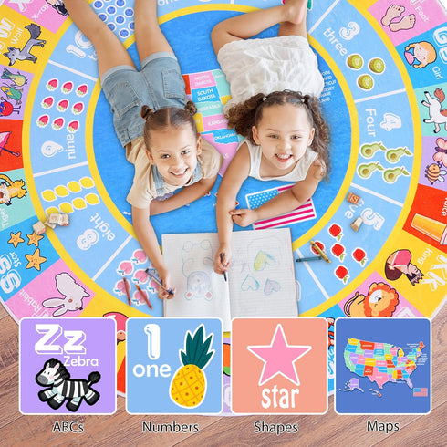 6x6 Kids Rugs for Playroom - Soft & Non-Slip Feet Round Educational Rug for Learning ABC Alphabet, Numbers, Shapes