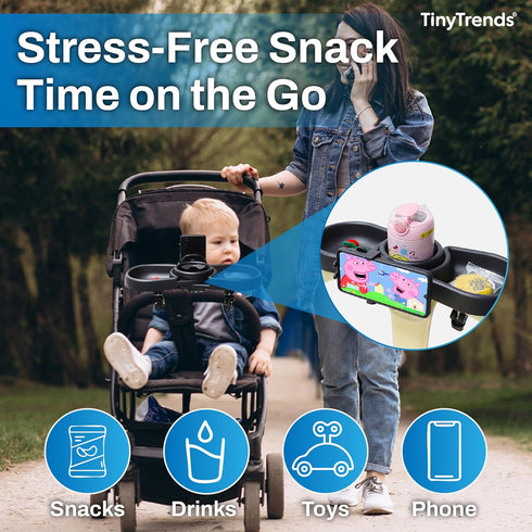 TinyTrends 4-in-1 360 Make Strolls Easier Stroller Snack Tray with Phone Holder, Cup Holder & Dual Compartments