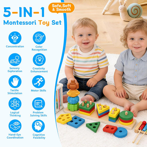 FlufiFiea 6-18 5-in-1 Set 1-3 Baby Toys for Months, Montessori Educational Toy with Soft Teething Toy Stacking Blocks