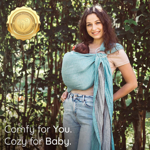 100% Ring Sling Baby Carrier - USA Lab Tested, Natural Cotton Muslin, Breathable & Ergonomic Ring Sling Grey Turquoise