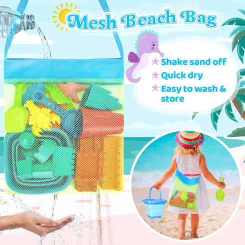 Collapsible Beach Toys for Kids, Sand Bucket and Shovels Set with Mesh Bag for Beach Fun