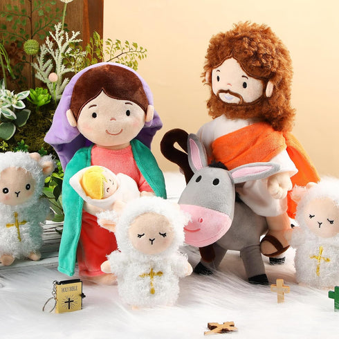 HyDren 6 Pcs Christian Religious Plush Doll Set, 11 Inch Jesus Plush with Virgin Mary, Donkey, Lambs, Stuffed Jesus