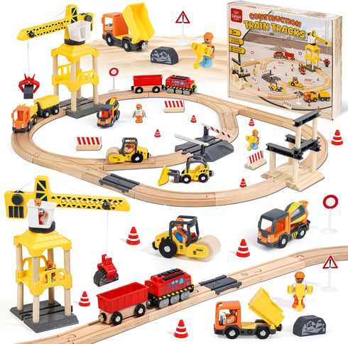 Lehoo Castle 68PCS Wooden Train Set - Toy Train Set for Toddlers